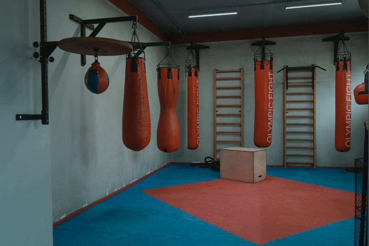 Interior of a gym with several hanging boxing bags