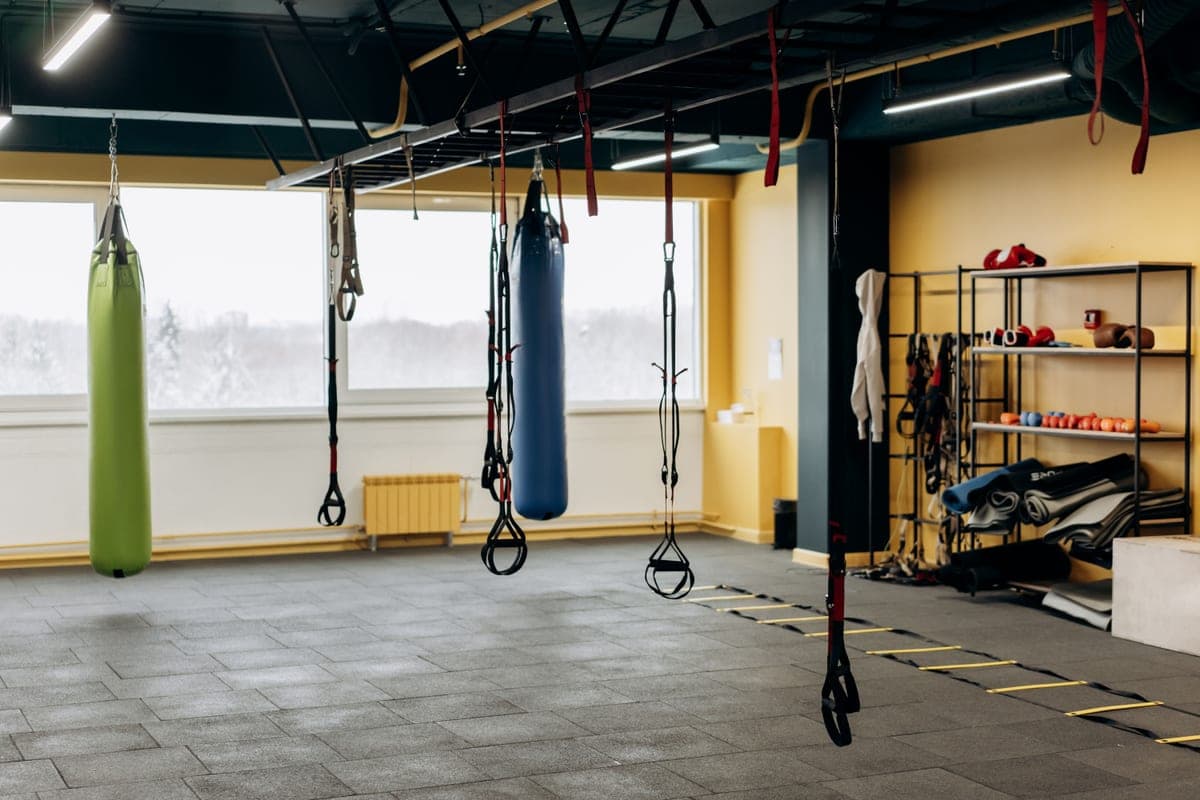 Heavy bags hanging by a window in a home gym