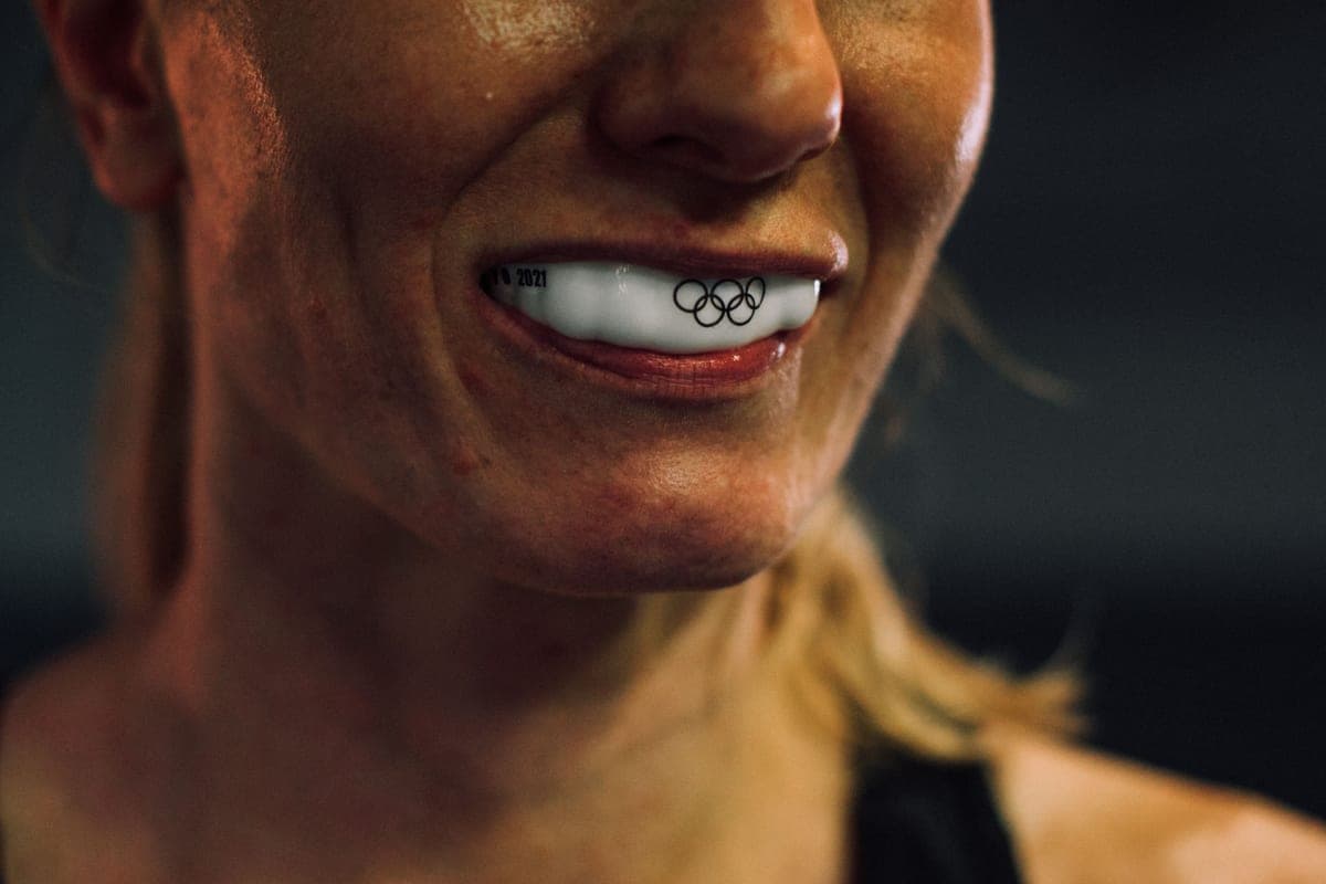 Close-up of an athlete's mouthguard